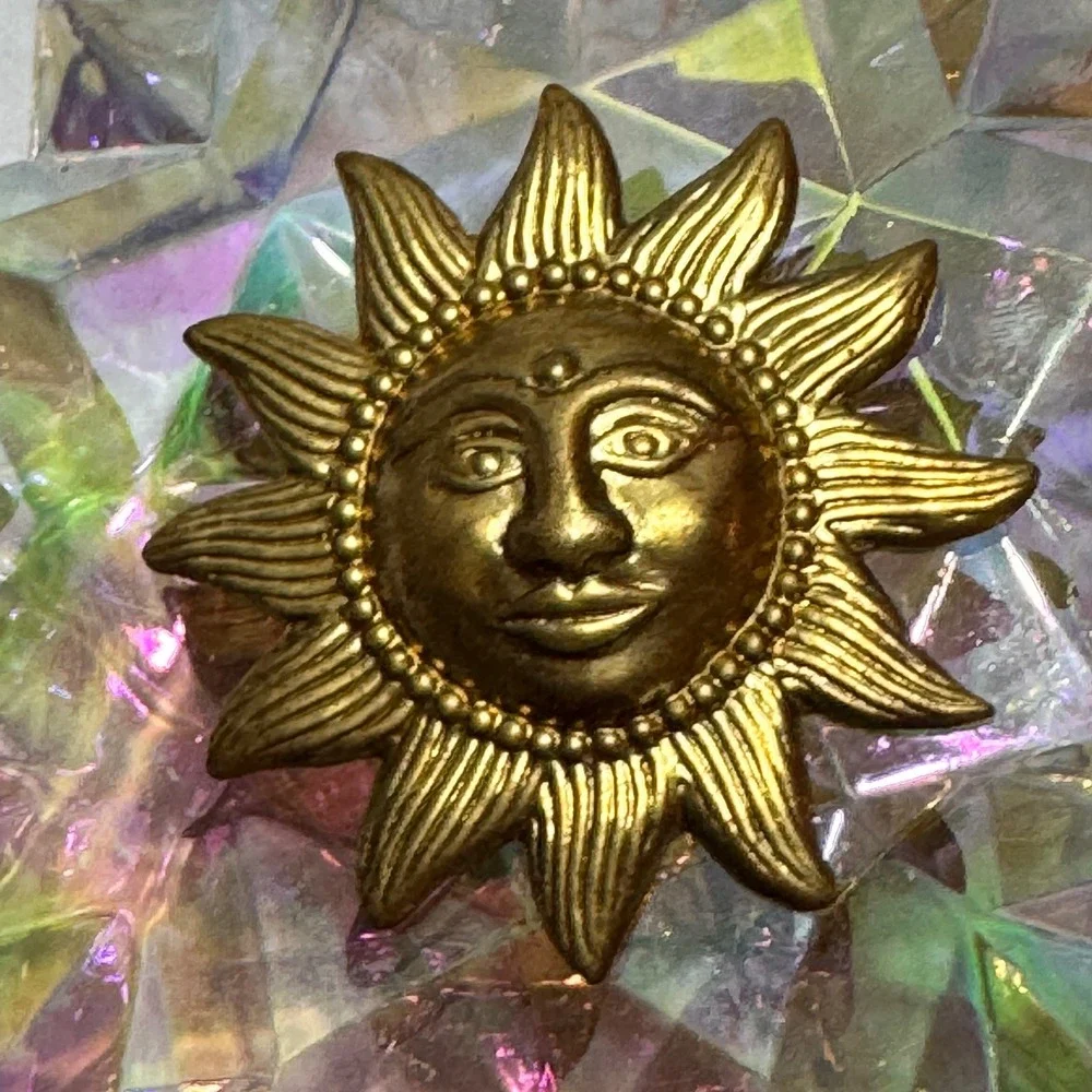 Celestial Sun Face Ornament Iridescent Prismatic Star Gold Double Sided 3.5in